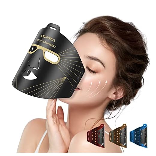 IBORRIA Led-gezichtsmasker met roodlichttherapie, led-masker, lichttherapie voor gezicht en huid, 3-kleurige led met infrarood licht, verzorgingsapparaat voor alle huidtypes, thuis (zwart)
