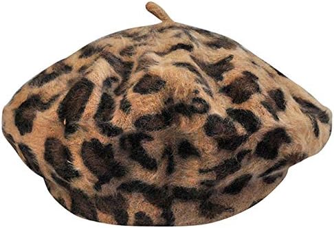 szzoqdz Women French Style Vintage Leopard Print Wool Soft Winter Warm Beret Beanie Hat (Khaki)
