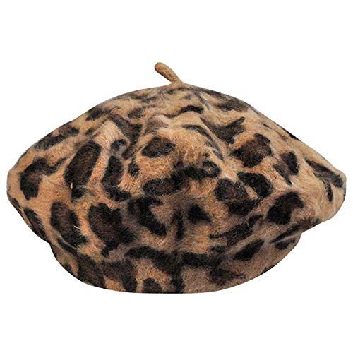 szzoqdz Women French Style Vintage Leopard Print Wool Soft Winter Warm Beret Beanie Hat (Khaki)
