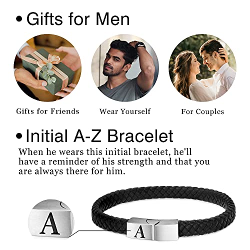 Leather Bracelet For Men, Adjustable Mens Leather Bracelet With Stainless Steel Magnetic Clasp Mens Braided Lether Bracelets For Mens Bracelet Black Leather A Initial Bracelet Jewelry Gifts For Men #TOP5