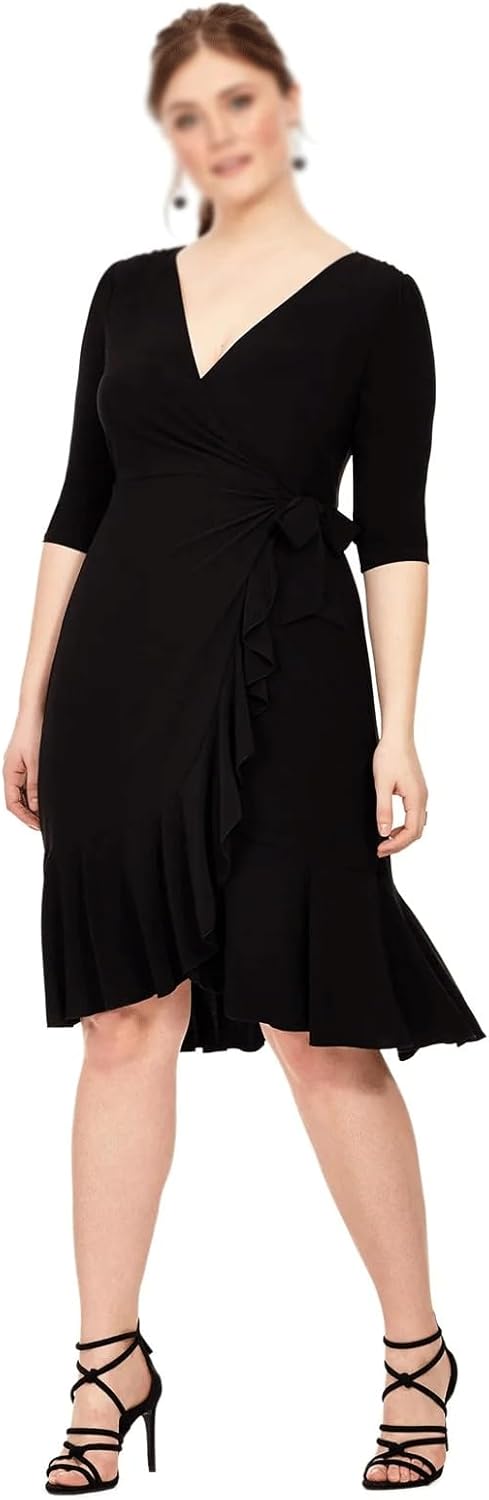 JSEIAJB V-Neck Wrap Dress Women Ruffle Trim Tie Back Half Sleeve A-line Work Dress Party Dress(2XL)