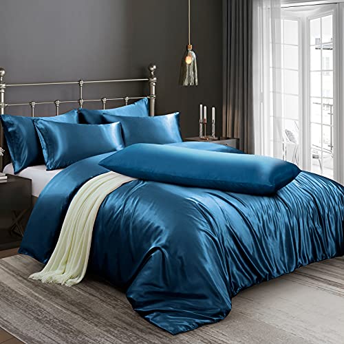 Image of Ersmak 6 Pieces Satin Duvet Cover King Size Luxury Silky Bedding Duvet Cover Set with 1 Soft Duvet Cover, 4 King Pillowcases and 1 Body Pillowcase, Navy Blue