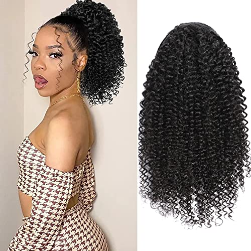 Short Curly Human Hair Ponytail Extension Wrap Drawstring Ponytails for Black Women Remy Human Hair Extensions Small Curly Ponytail with 2 Clips Natural Black (12 Inch)
