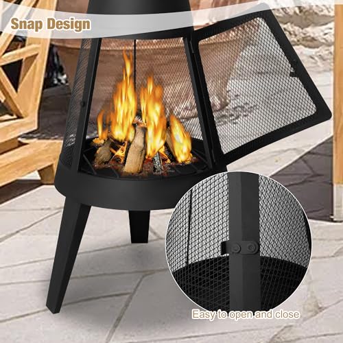 Clarfey Chiminea Outdoor Fireplace, Metal Wood Burning Fire Pit with Log Grate, Mesh Screen, Modern Fireplace for Patio, Backyard, Garden, Black
