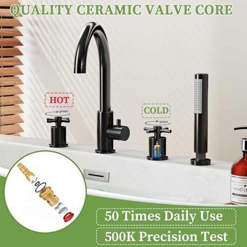 NBYTLT Brass Roman Tub Faucets with Hand Shower, Bathtub Faucet, 2 Cross Handles 4-Hole Bathtub Faucet, Deck Mount Bathroom Faucet, Matte Black - 3