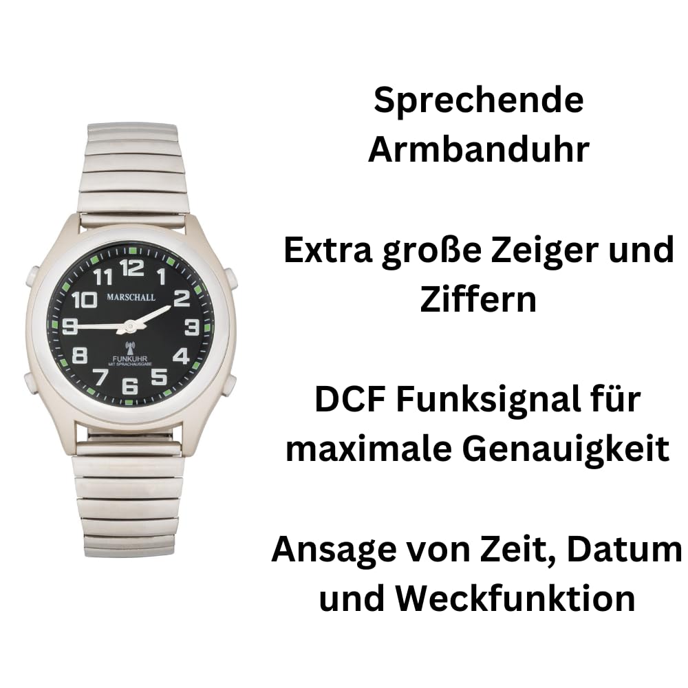 Marschall Deutsch sprechende Herren und Damen Armbanduhr I 1130V I Funkarmbanduhr I Für Blinde, Senioren und Sehbehinderte I Datum- und Zeitansage I Silbernes Zugarmband