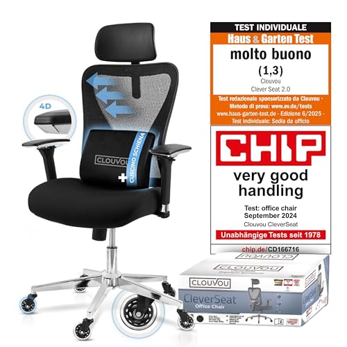 CLOUVOU CleverSeat Sedia ufficio ergonomica [TOP DI GAMMA] Sedia da scrivania per smart working | Poltrona ufficio per studio e camera | Sedia ufficio con ruote facile da spostare | Max. 150 kg