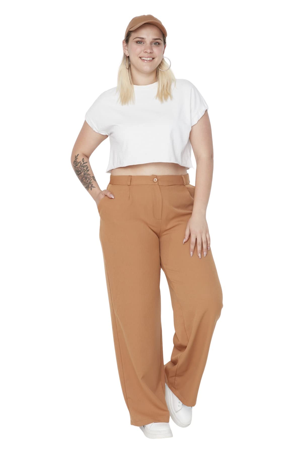 Trendyol Man Plus Size High Waist Wide Leg Plus Size Pants, Brown, 52