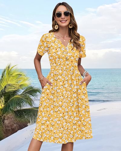 Image of WNEEDU Women V Neck Button Down Empire Waist Midi Summer Dress with Pockets