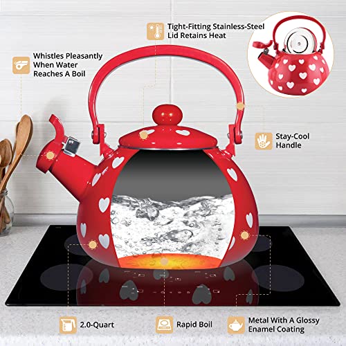 Whistling Tea Kettle For Stove Top Enamel On Steel Teakettle, Supreme Housewares Red Hearts Design Teapot Water Kettle Cute Kitchen Accessories Teteras (2 Quart, Red Hearts) #TOP2