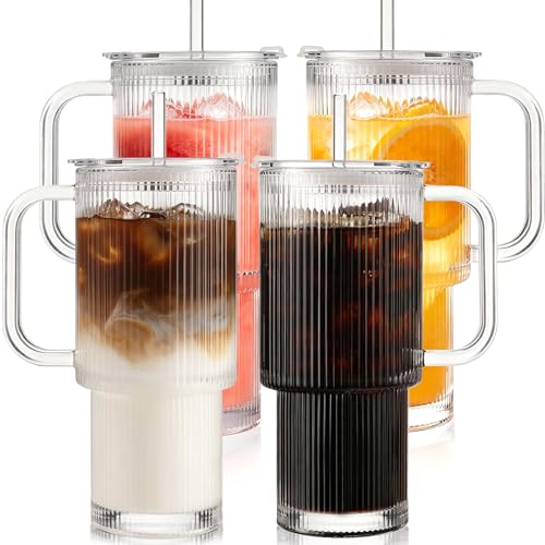 Iced Coffee Cups with Lids: Coffee Bar Accessories - Ribbed Glass Tumbler with Straw and Lid 4 Pack - 24oz Tumbler Leak Proof - Glass Cups and Tumblers with Lid and Straws - Coffee Tumbler with Handle