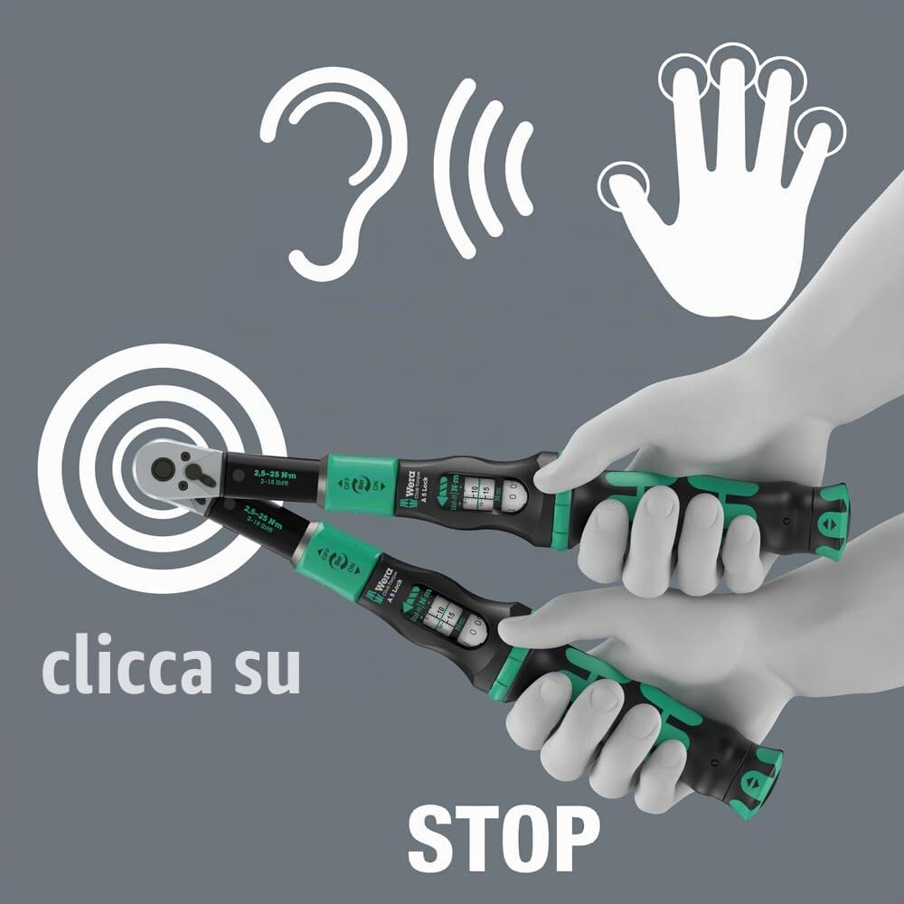 Wera Click-Torque Lock A 5 Chiave dinamometrica regolabile, funzione Torque Lock, cricchetto reversibile, serraggio destrorso, 2.5-25 Nm, 1/4" x 2.5-25 Nm