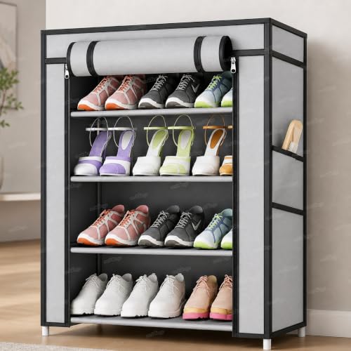 Image of Zest 4 Toyz 4 Shelf Shoe Rack for Home with Zip Door Cover & Side Pockets Shoe Stand Multipurpose Storage Rack for Footwear Toys Clothes with Dustproof Cover (Grey)