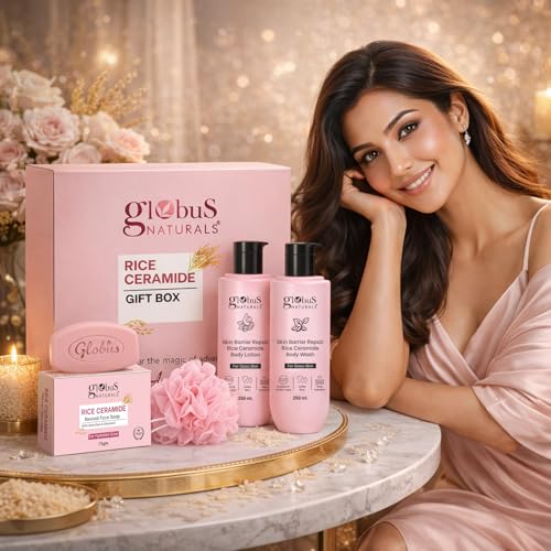 Image of Globus Naturals Rice Ceramide Bath & Body Gift Set for Glass Skin | Body Wash 250ml, Body Lotion 250ml & Face Soap 75g, Loofa | Hydrating, Skin Barrier Repair & Glow Body Care Gift Set