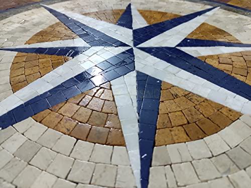 Compass Nautical Marble And Granite Mosaic Square Handmade Stone Medallion With Blue Granite For Walls Floors And Tabletops, Customizable Design (42 X 42 Inches) #TOP3