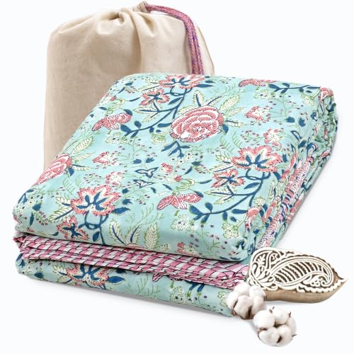 Image of TOAIArt Premium Jaipuri Dohar | AC Blanket Summer Quilt | Hand Block Printed | 3 Layers | Reversible | 150GSM 100% Mulmul Cotton | 100% Cotton Flannel Filling | Single 60 inch X 90 inch|Rose on Green