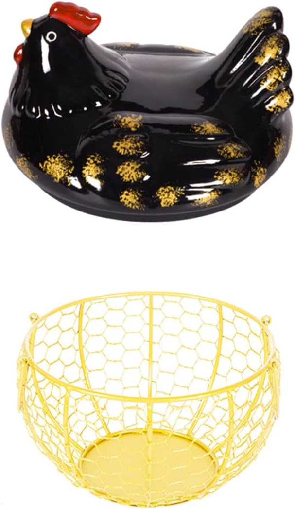 Rustic Iron Art Egg Basket with Black Chicken Lid and Gold Wire Frame, Home Egg Container and Kitchen Storage Basket for Countertop Organization