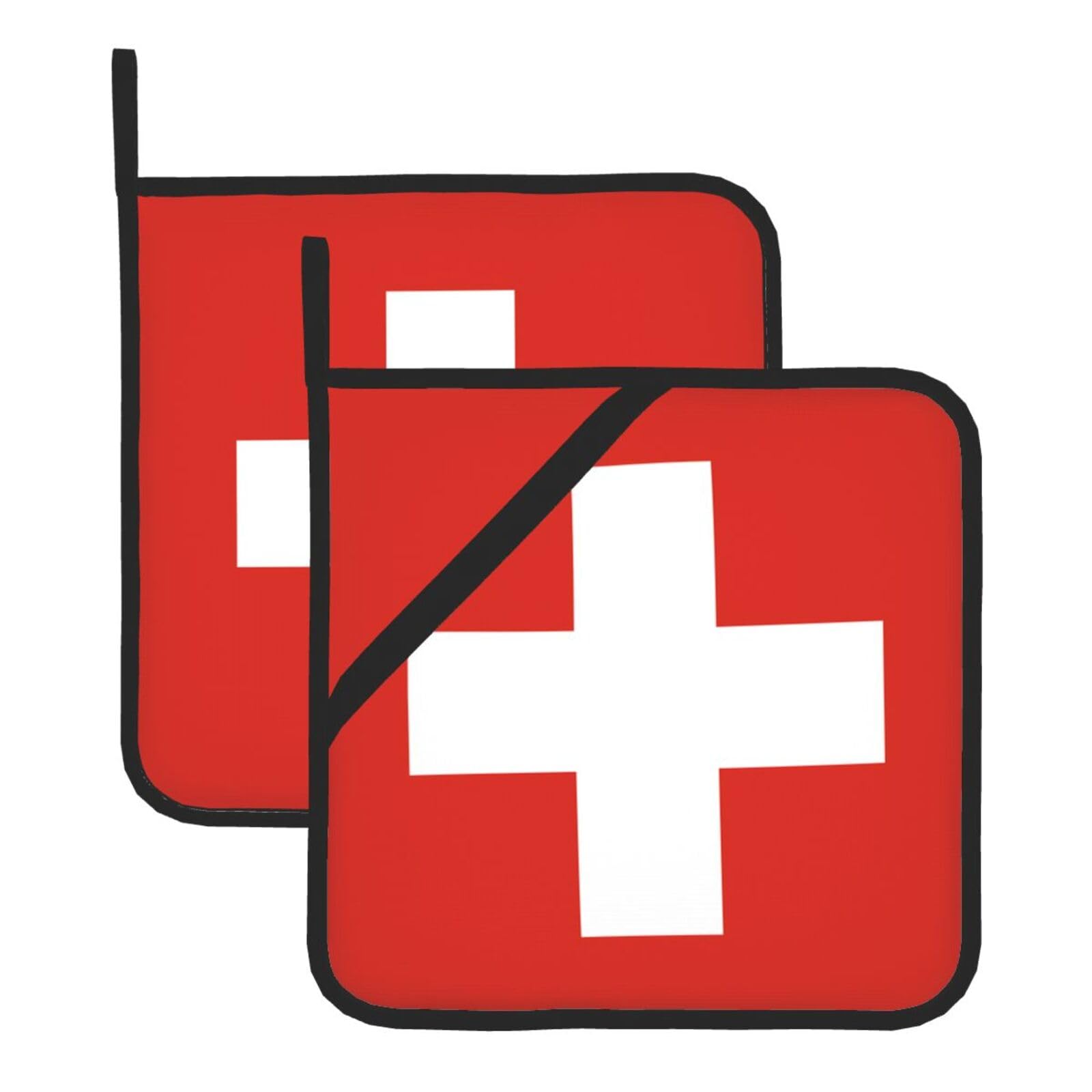 WHJDPP Swiss Flag Prints Square Hot Pads for Kitchen - Waterproof Pot Holders Set of 2, Durable Trivets with Pocket & Hanging Loop for Hot Dishes & Oven Use
