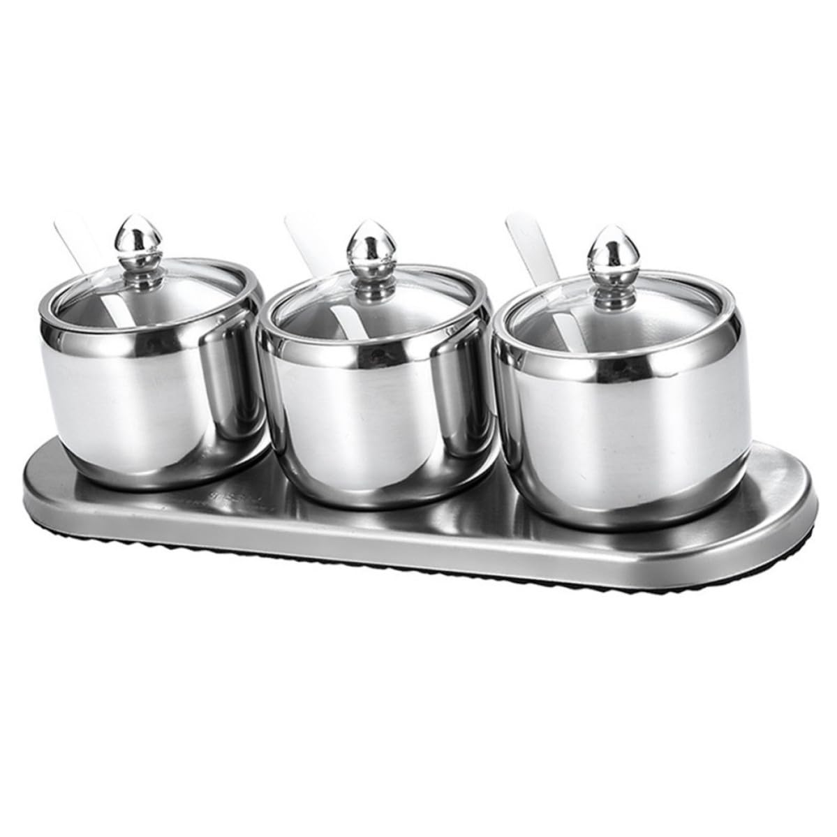 Didiseaon Set di 3 Barattoli per Condimenti in Acciaio Inossidabile e Vetro con Base Moderna, Accessorio per Conservazione Alimenti, per Cucina e Feste del Tè