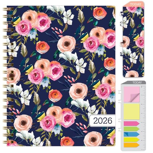 HARDCOVER 2026 Planner, 7"x9": 14 Months (November 2025 - December 2026), Daily Weekly Monthly Planner, Yearly Agenda, Bookmark, Pocket Folder and Sticky Note Set (Small Navy Floral)