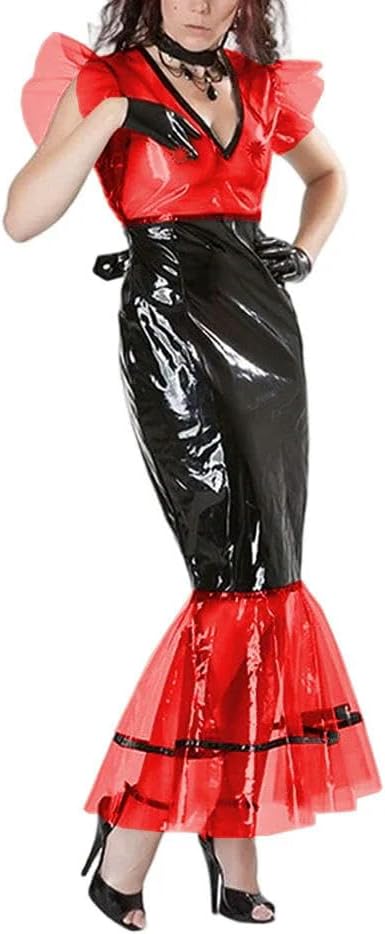 V Neck Fetish Transparent PVC Plastic Long Dress Exotic Open HIPS for Halloween Club Parties Evening