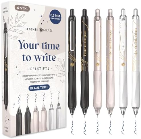 LEBENSKOMPASS® Gelstifte Set Blau mit Silent-Click-Technologie - Hochpigmentierte, Schnelltrocknende Gel Kugelschreiber - Dünne 0,5mm Strichstärke Gelschreiber - 6 Stück in 3 Desig