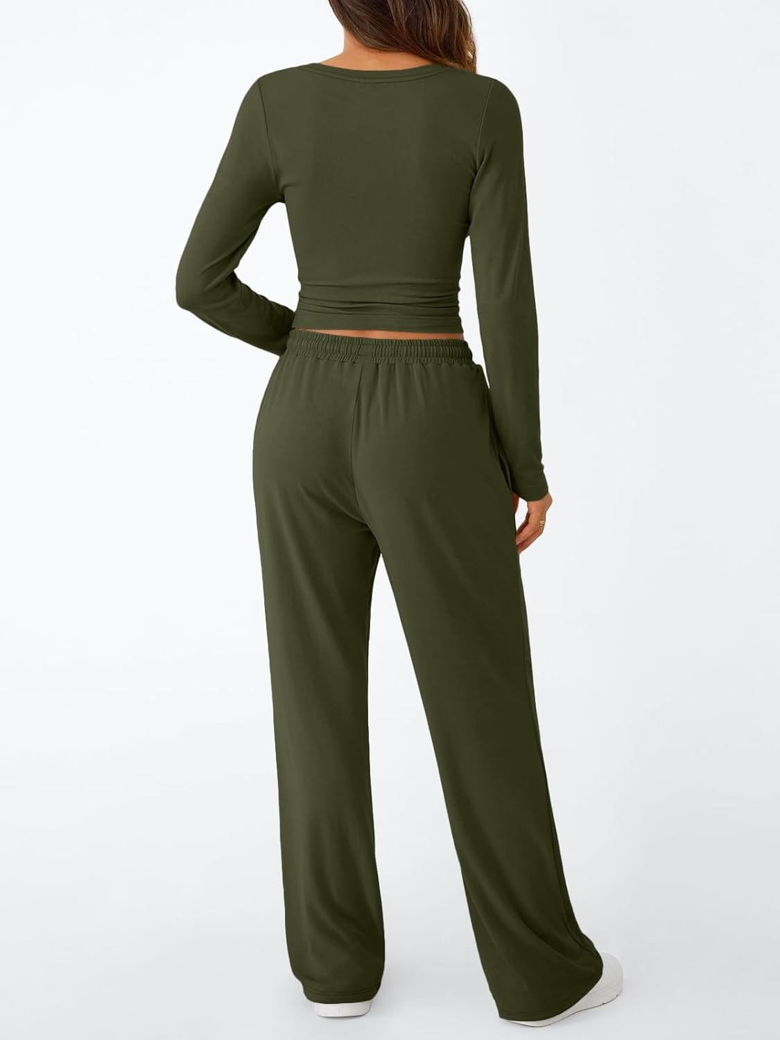 Trendy Queen Women's 2 Piece Matching Lounge Set Long Sleeve Side Ruching Top Wide Leg Drawstring Pants Set with Pockets - Image 4