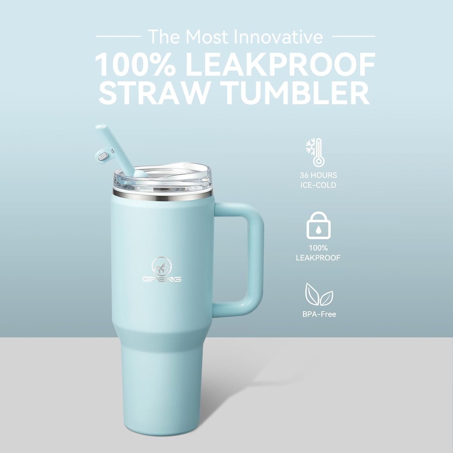 Gpeng 30/40/50 oz Tumbler with Handle, Water Bottles with Straw Lid, Insulated Stainless Steel Travel Mug Cup Holder Friendly, Keep Drinks Cold or Hot for Hours (LakeBlue, 40 oz)