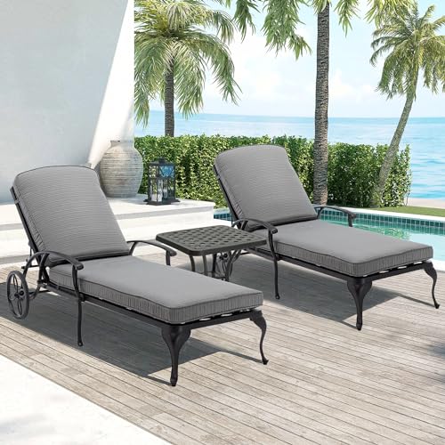 Villeston Chaise Lounge Chair Outdoor- Patio Pool Chairs Tanning Lounges for Outside Beach Lounger Cast Aluminum Set of 2 Reclining Gray with Side Table