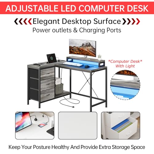 Image of Hetoy L-Shaped Computer Desk with Charging Station - Corner Gaming Desk with LED Lights, Drawers & Storage Shelves for Home Office Use, Oak