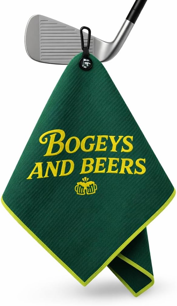 Bogeys and Beers Magnetic Golf Towel, Green and Gold Microfiber with Carabiner Clip