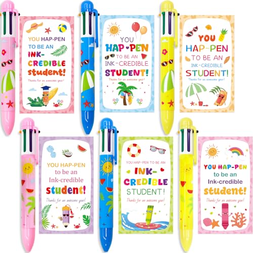 WorldBazaar End Of Year Gifts For Kids Pens Bulk 6-in-1 Multicolor 24 Pack Summer Ballpoint Pens And Cards From Teacher Gift Classroom School Exchange Gift