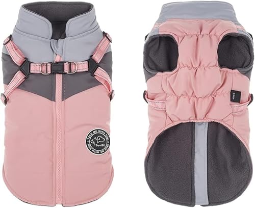 Savlot Hundejacken für den Winter Winddicht Wasserdicht 2 in 1 Outfit Kaltwettermantel Hundewestengeschirr Welpen Winter Warme Jacke Reflektierende Welpenjacke(XXL, Pink + Grau)