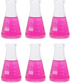 50ml Glass Erlenmeyer Flask Set, Narrow Mouth Graduated Flasks, 3.3 Borosilicate Glass, Ideal for Laboratory, Classroom or Home Use, HUAOU, Pack of 6