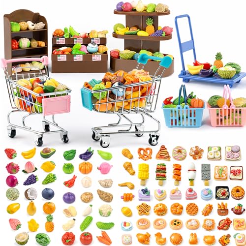 Mini Shopping Cart Basket, Miniature Grocery Toys 3 Supermarket Shelves Play Store 100+ Fruit Vegetable Cake Bread Mini Food Miniature Dollhouse Accessories with Push Cart