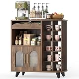 VINAEMO Coffee Bar Cabinet with 24-Cup Display, Large Drawer & Storage,Modern Buffet Sideboard for Kitchen, Medium Wooden Bar Station for Apartment，Walnut