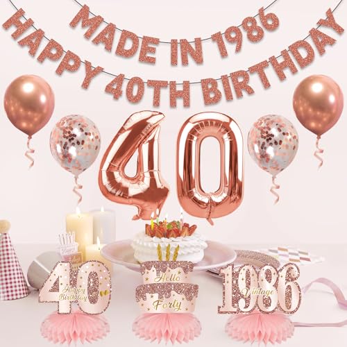 Image of Zirtorei 40th Birthday Decorations Kits for Women, 10pcs Pink Rose Gold Made in 1986 Banner Happy 40th Birthday Balloons, 40 Bday Table Honeycomb Centerpieces Hello Forty Party Supplies