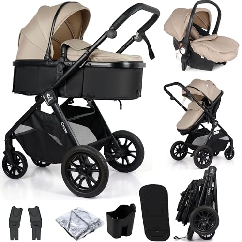 For Your Little One Cruise 3-in-1 Travel System with i-Size Car Seat Stroller 13kg Pram Height Adjustable Handle Pram Newborn 0-4 Years Free Raincover and Cupholder (Dune Beige)