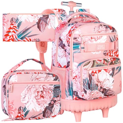Image of 3Pcs Rolling Backpack for Girls Women, 19 Inche Adults Roller Bag with Wheels, Flower Wheeled Bookbag with Lunch Box(Pink)