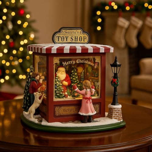 VARZI Carillon Villaggio Natalizio Babbo Natale - Toy Shop con Luci E Musica Timer 1/6h - Decorazione in Resina E Vetro 20cm