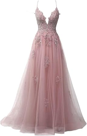 Spaghetti Strap Prom Dress V Neck Appliques Long Formal Evening Ball Gown Sexy Split for Women A Line