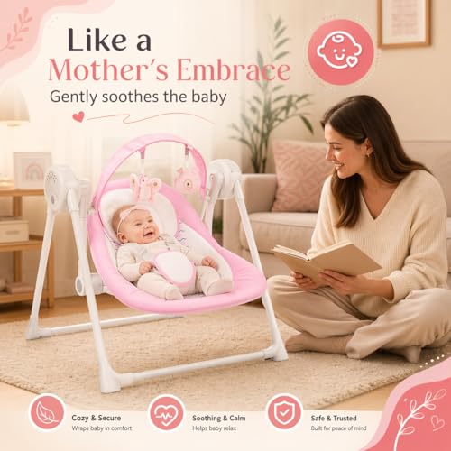 Image of Baby Swing SpaceSaver Ultra-Compact Foldable Infant Swing (Fits in 5.3 inch Gaps!) 6 Speed Modes | Portable Newborn Swing for Travel /Car /Picnic (0-6M, 6-20lbs Pink)
