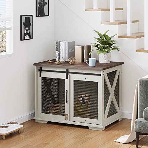 Gocaptain Dog Crate Furniture With Sliding Barn Door, Wooden Cage End Table, Indoor Puppy Kennel With Removable Divider, Dog Kennel With Detachable Divider For Small/Medium/Large Dog, White #TOP4