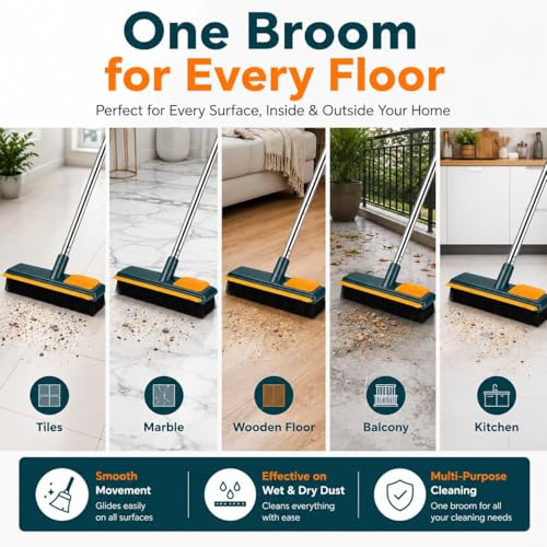 Image of Premium Heavy Duty Floor Cleaning Broom with Stainless Steel Handle | Wide Head Hard Bristle Brush for Home, Bathroom, Kitchen, Balcony & Outdoor Cleaning