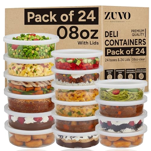 Zuvo Plastic Sauce Containers with Lids - 08 OZ (24 Pack) - Perfect Round Plastic Food Storage Containers for Sauce - Reusable, Leakproof Tubs, BPA Free