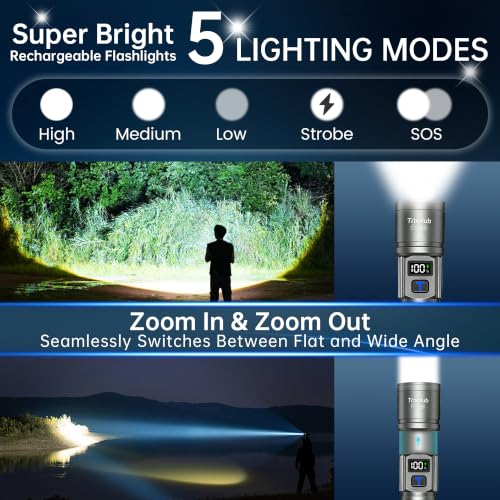 Image of Rechargeable Flashlights 2 Pack Super Bright Flash Light (Titanium) | LCD Digital Display, 5 Modes, USB C Charging, Zoomable Linternas, Powerful Handheld Flashlights for Home Emergencies Camping