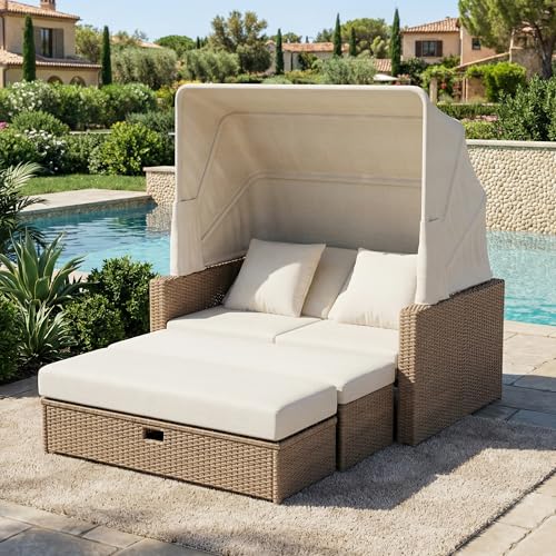 Merax Polyrattan Gartenmöbel Set für 2–4 Personen, Gartensofa Loungesofa mit verstellbarem Couchtisch & Abnehmbarer Markise, PE-Rattan, multifunktional als Doppelliege oder Sitzgruppe, Khaki