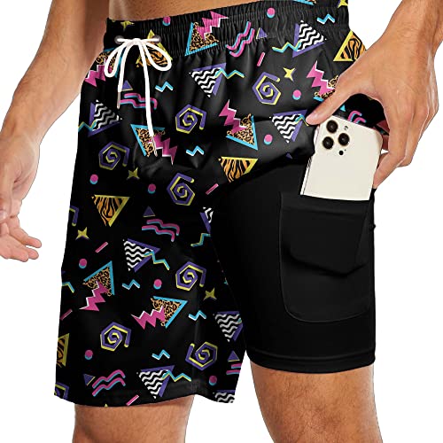 80s Men's Swim Trunks with Compression Liner 7" Inseam 90s Board Shorts 80s Quick Dry Swim Shorts with Pocket XL2