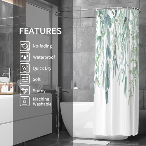 Gibelle Shower Curtain for Bathroom, Waterproof Green Eucalyptus Leaves,Spring Watercolor Plant, Fabric Shower Curtain Set with Hooks 72x72 Inch White - Thumbnail 2
