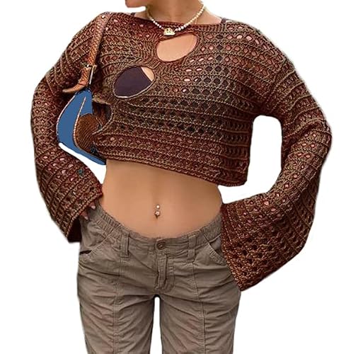 Image of Women Hollow Out Crochet Knit Sweater Crop Tops Long Sleeve See Through Sweater Grunge Loose Knitted Top (Brown-Cutout, S)